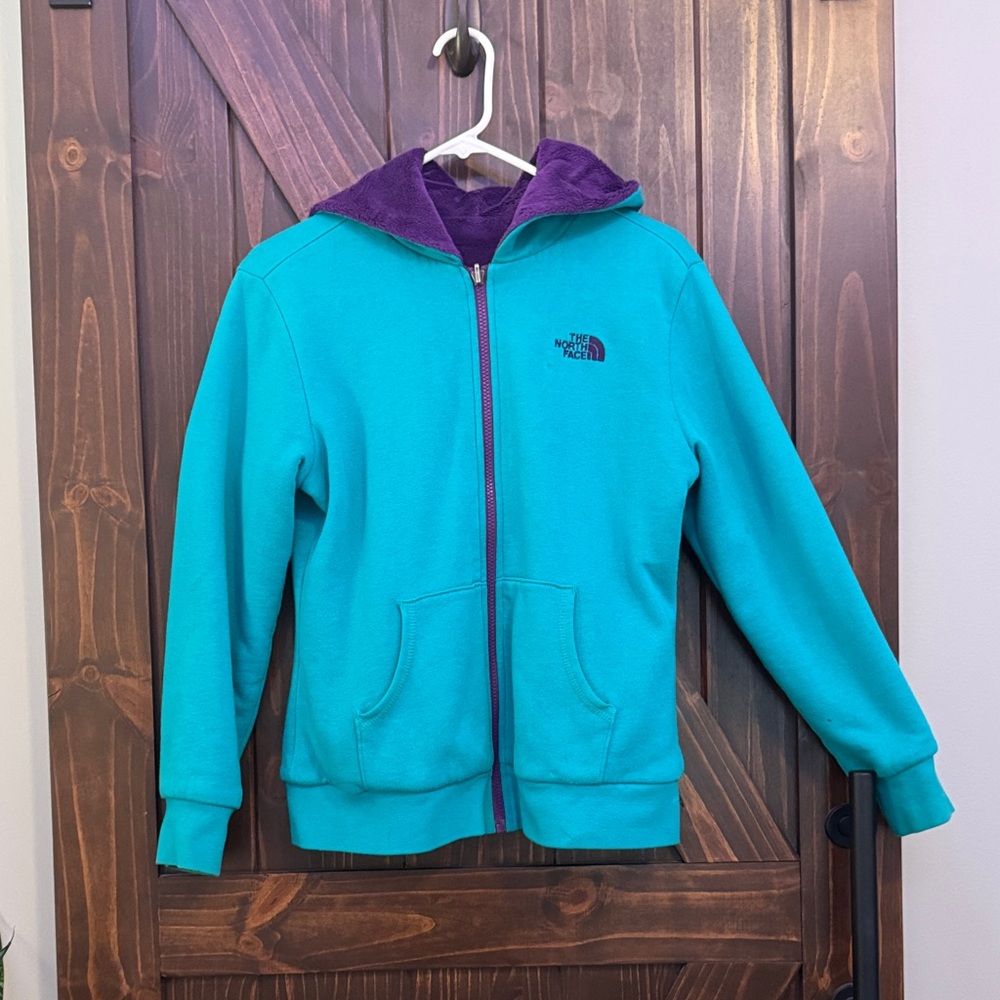The North Face Women's Teal and Purple Hoodie, purple fleece lined, Reversible,M